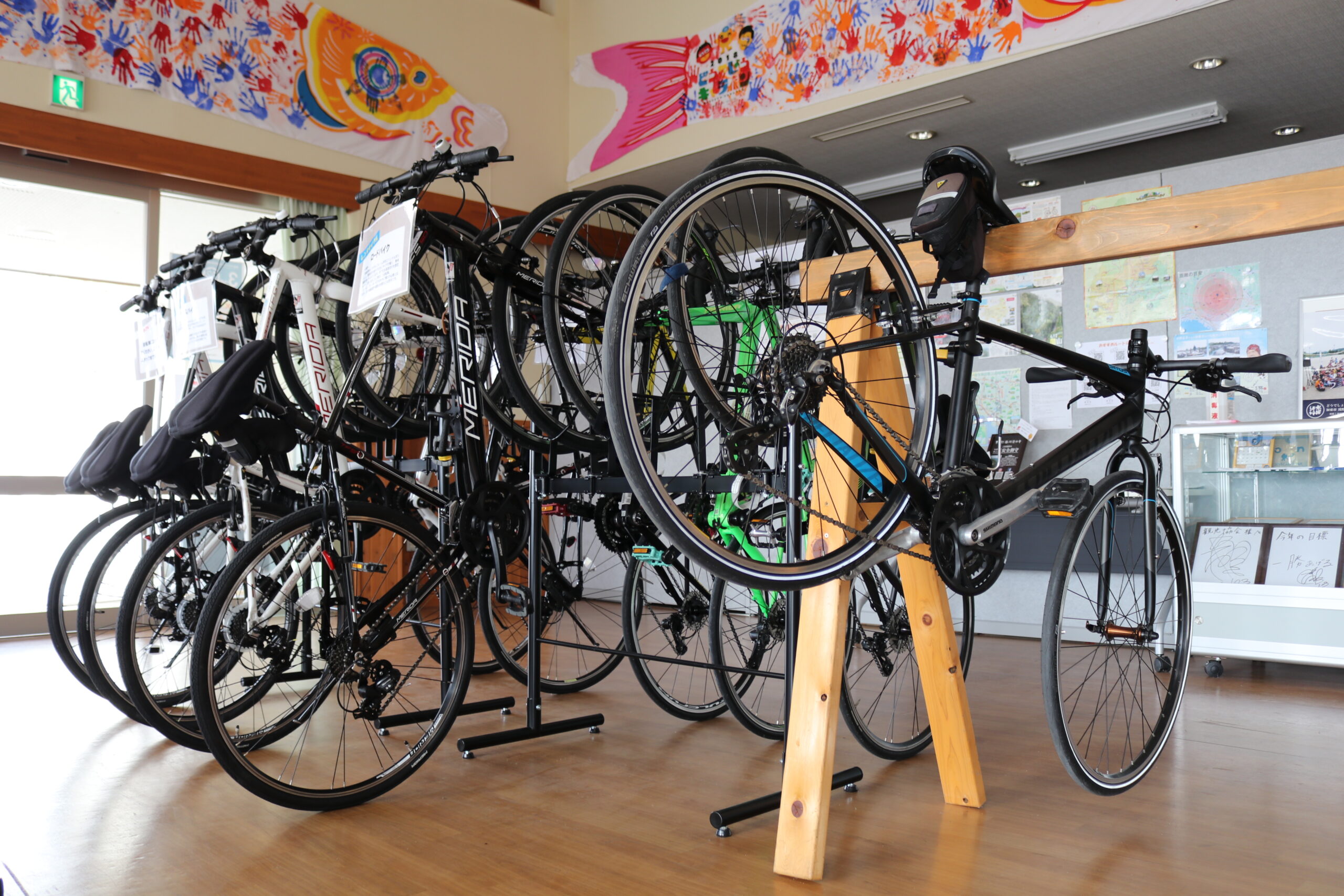 Rental bicycles lined up at Kato City Bicycle Hub